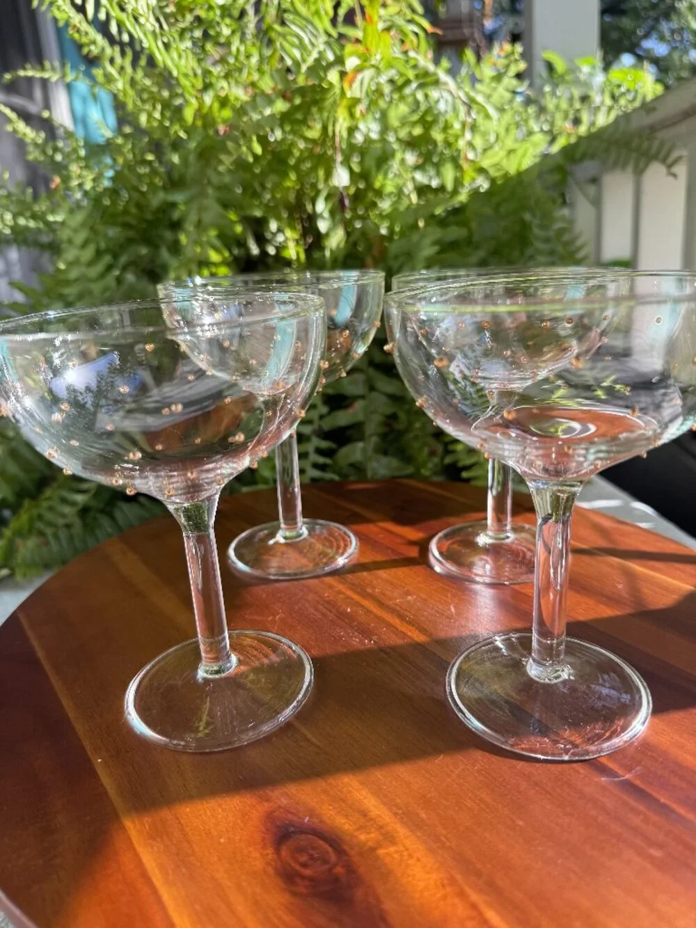 Set of 4 Pottery Barn Champagne Coupe Glasses with Gold Polka Dot